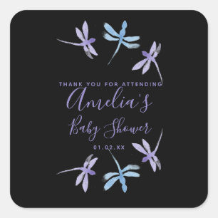 Pegatina Cuadrada Libellulas Pintadas a Mano Baby Shower    