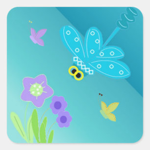 Pegatina Cuadrada Libélula de dibujos animados con flores