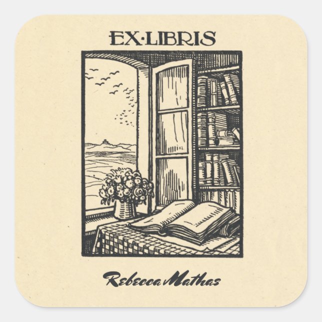 Pegatina Cuadrada Librería antigua Etching Henri Bacher Ex Libris (Anverso)