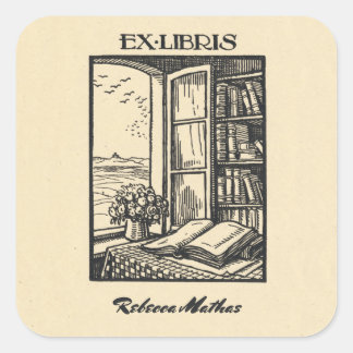 Pegatina Cuadrada Librería antigua Etching Henri Bacher Ex Libris