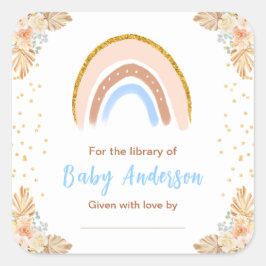 Pegatina Cuadrada Librería Baby Shower Boho Rainbow Blue