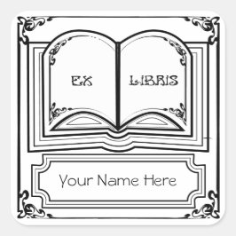 Pegatina Cuadrada Librería cuadrada Art Deco Ex Libris en negro