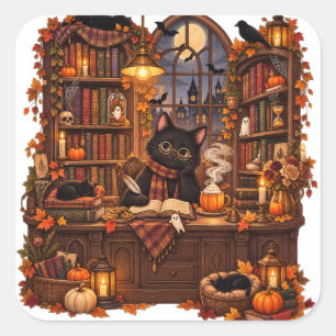 Pegatina Cuadrada Librería de Halloween de Gato Negro Acogedor