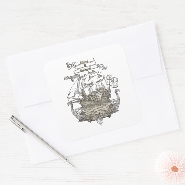 Pegatina Cuadrada Librería de propiedad Ex Libris Clipper Ship (Sobre)