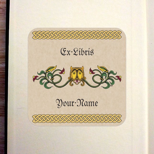 Pegatina Cuadrada Librería Medieval Lion Design (Medieval Lion Design Bookplate)
