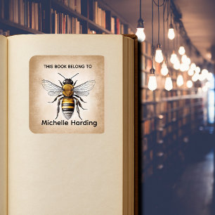 Pegatina Cuadrada Libro Antiguo de Abejas Exlibris   “Este Libro Per