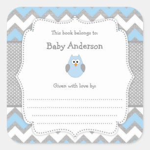 Pegatina Cuadrada Libro de Baby Shower Blue Owl