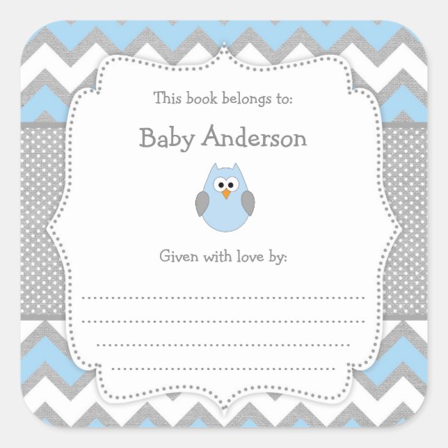 Pegatina Cuadrada Libro de Baby Shower Blue Owl (Anverso)