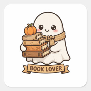 Pegatina Cuadrada Libro de calabaza de dibujos animados de fantasma 