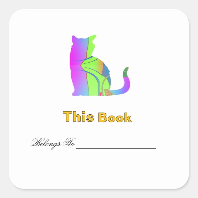 Pegatina Cuadrada Libro de diseño de gato verde azul Ex libris  (Anverso)