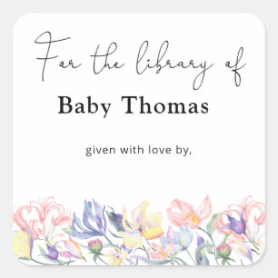 Pegatina Cuadrada Libro de ex libris para baby shower de Wildflowers
