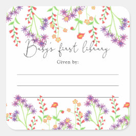 Pegatina Cuadrada Libro de ex libris para baby shower de Wildflowers