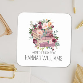 Pegatina Cuadrada Libro de la pila de flores de la biblioteca de la
