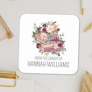 Pegatina Cuadrada Libro de la pila de flores de la biblioteca de la 