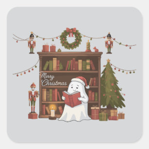Pegatina Cuadrada Libro de lectura de fantasma lindo Navidad Leer 