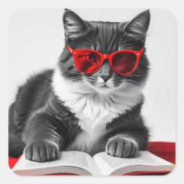 Pegatina Cuadrada Libro de lectura de gatos