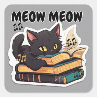 Pegatina Cuadrada Libro de lectura de gatos Meow Meow