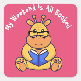 Pegatina Cuadrada Libro de lectura de jirafas graciosas personalizad