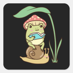 Pegatina Cuadrada Libro de lectura de ranas estéticas de Cottagecor