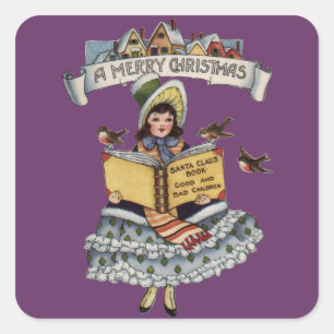 Pegatina Cuadrada Libro de Niña Antigüita y Papá Noel de Navidad