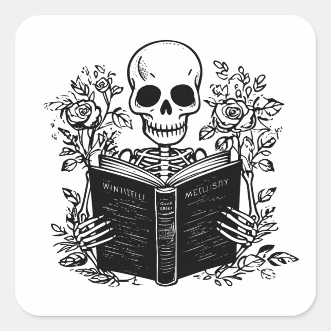 Pegatina Cuadrada Libro de romance de lectura de esqueletos (Anverso)