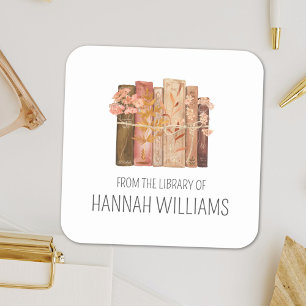 Pegatina Cuadrada Libro Flor Marrón De la Biblioteca de Exlibris