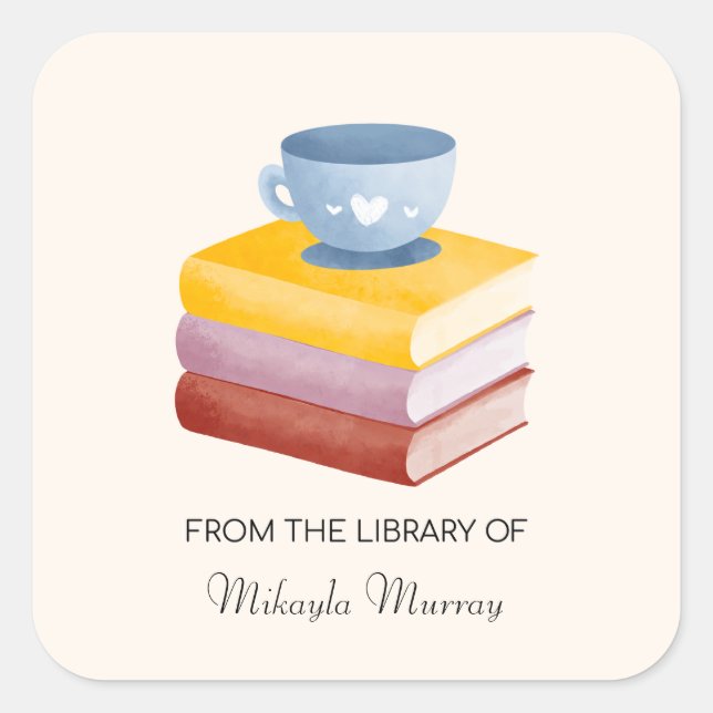 Pegatina Cuadrada Libro Stack & Coffee Cup Bookplate personalizado (Anverso)