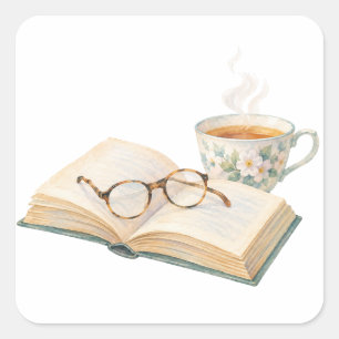 Pegatina Cuadrada Libro y té junto a la ventana