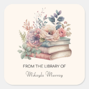 Pegatina Cuadrada Libros acuarelas y flores Folletos personalizados
