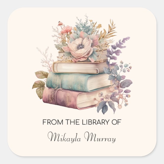 Pegatina Cuadrada Libros acuarelas y flores Folletos personalizados (Anverso)