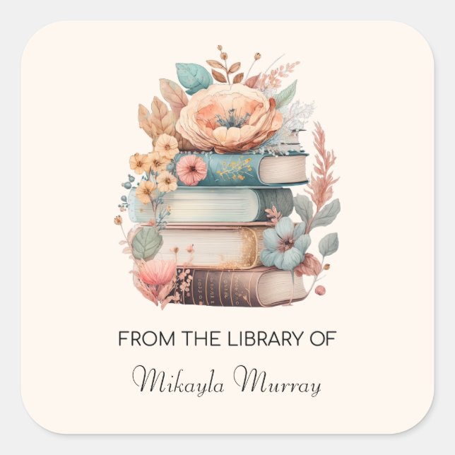 Pegatina Cuadrada Libros acuarelas y flores Folletos personalizados (Anverso)