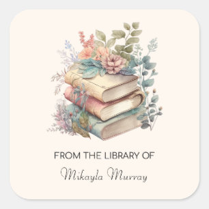 Pegatina Cuadrada Libros acuarelas y flores Folletos personalizados