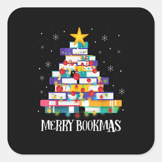 Pegatina Cuadrada Libros bibliotecarios Lover Libros Árbol de Navida (Anverso)