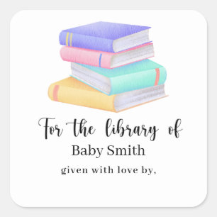 Pegatina Cuadrada Libros de acuarela - Biblioteca de Baby Shower