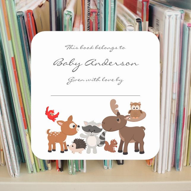 Pegatina Cuadrada Libros de Baby Shower/animales de la madera (Subido por el creador)