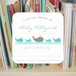 Pegatina Cuadrada Libros de Baby Shower / ballenas grises turquesas