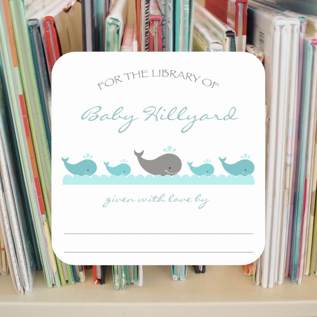 Pegatina Cuadrada Libros de Baby Shower / ballenas grises turquesas (Subido por el creador)