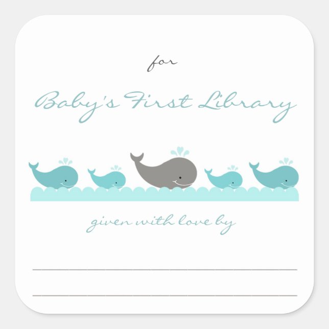 Pegatina Cuadrada Libros de Baby Shower/ballenas turquesas (Anverso)