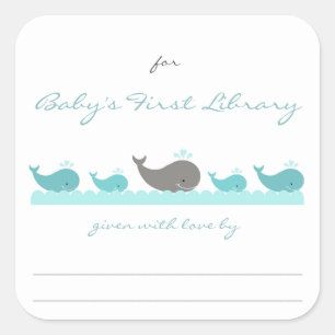Pegatina Cuadrada Libros de Baby Shower/ballenas turquesas