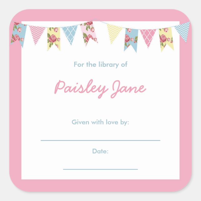 Pegatina Cuadrada Libros de Baby Shower de Bunting Rosado (Anverso)