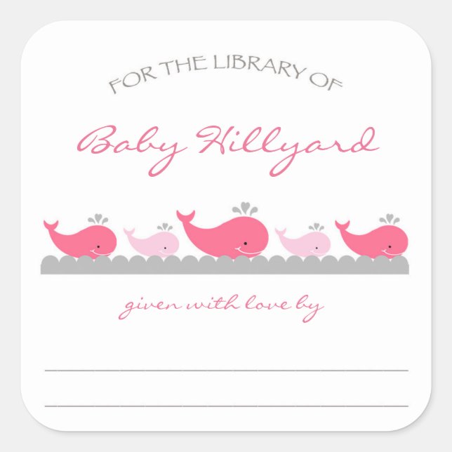 Pegatina Cuadrada Libros de Baby Shower para chicas/ballenas grises  (Anverso)