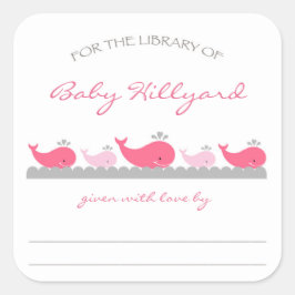 Pegatina Cuadrada Libros de Baby Shower para chicas/ballenas grises