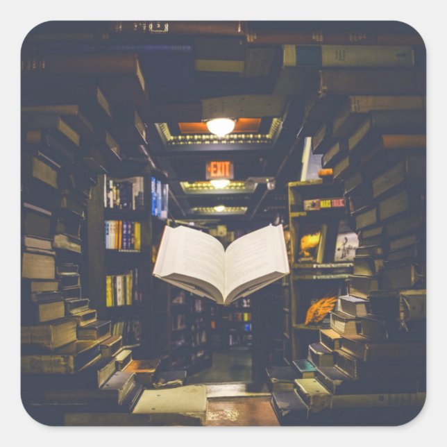 Pegatina Cuadrada Libros de biblioteca estantes libro abierto lectur (Anverso)