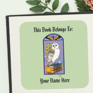 Pegatina Cuadrada Libros de calabazas de búho de Art Nouveau