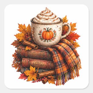 Pegatina Cuadrada Libros de Diseño de Lattes de Calabaza Otoñal Acog