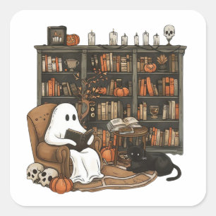Pegatina Cuadrada Libros de lectura de fantasmas retro, bibliotecari