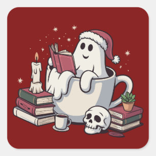 Pegatina Cuadrada Libros de lectura fantasma Navidad profesor gusano