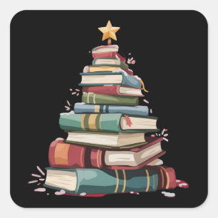 Pegatina Cuadrada Libros de Navidad Árbol Amante de los Libros Maest