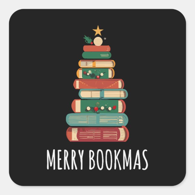 Pegatina Cuadrada Libros del Árbol de Navidad Merry Bookmas (Anverso)