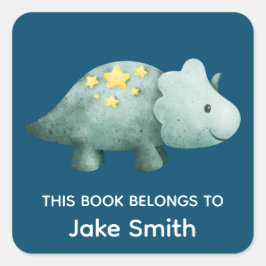 Pegatina Cuadrada Libros escolares de dinosaurio y nombre azul marin